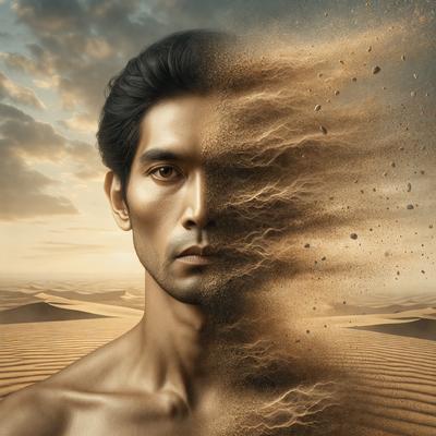 The primary subject of the image is a man with a beard, who is the main focus of the scene. He is standing in a desert-like environment, with sand and dirt visible in the background. The visual style of the image is a combination of photo and digital art, creating a unique and artistic representation of the man. The colors and mood of the image are predominantly earthy tones, such as brown and beige, which contribute to the overall atmosphere of the desert setting.